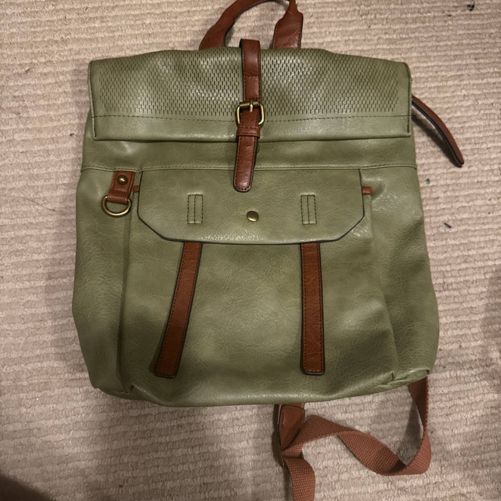 Green and Brown Vintage Canvas Backpack with Leather Straps